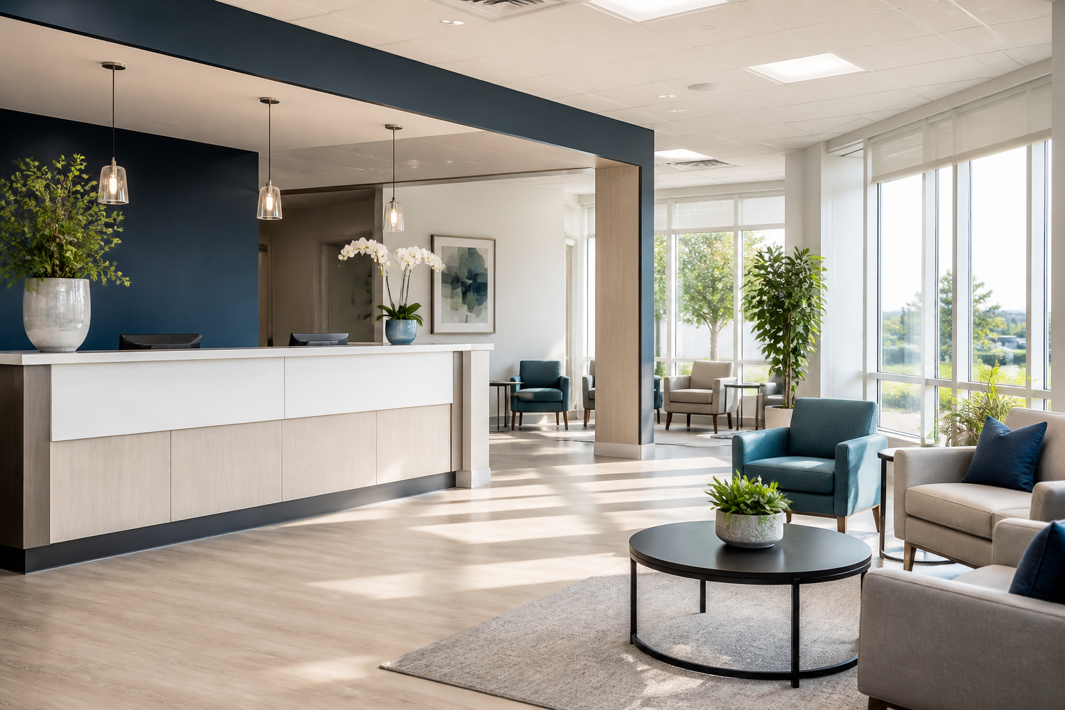 The bright, modern reception and waiting area at Alief Primary Care