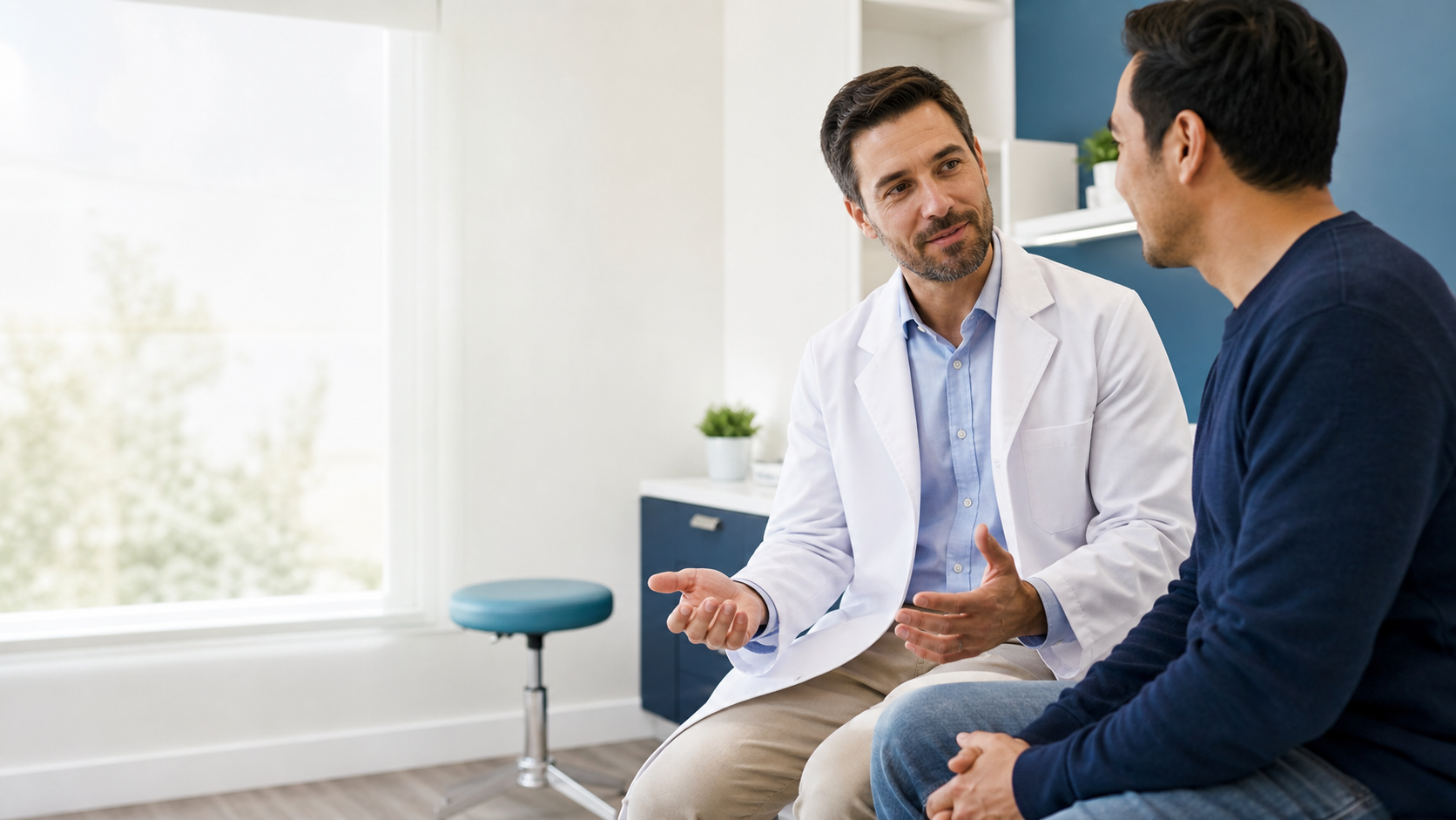 A physician having a friendly, reassuring conversation with a patient in a bright, modern exam room
